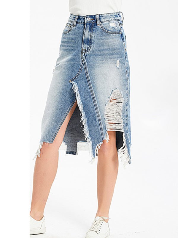 Irregular fringed ripped butt-lifting denim midi skirt - ElegantAlpha®