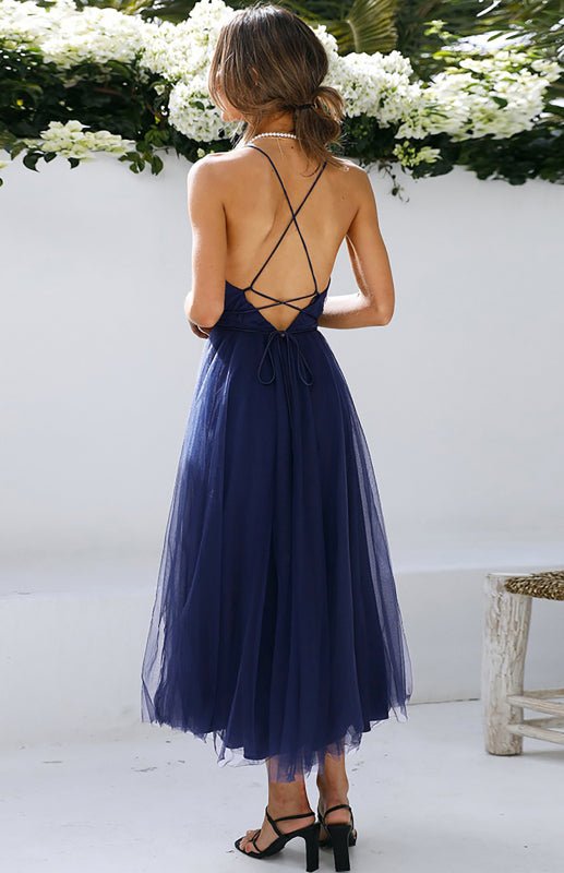 Sexy Deep V Neck Backless Lace-Up Mesh Puff Dress - ElegantAlpha®