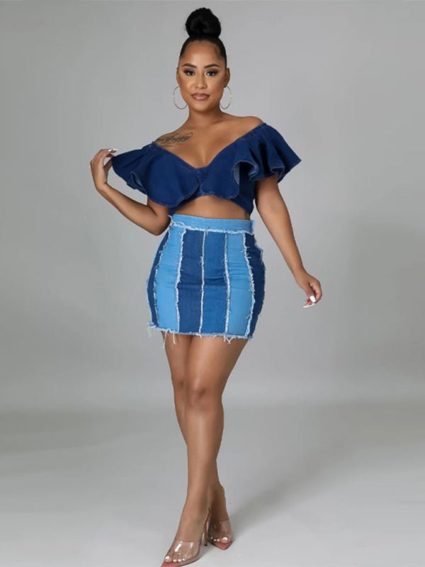 High Waist Patchwork Pleated Denim Skirt - ElegantAlpha®