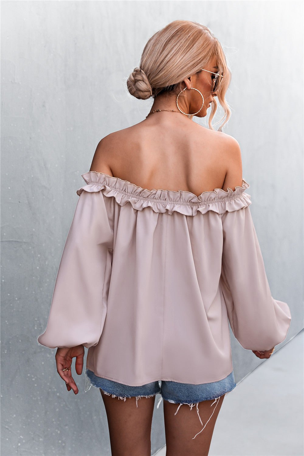 Frill Trim Off-Shoulder Balloon Sleeve Top - ElegantAlpha®