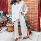 Long Sleeve Cardigan Shirt Slit Top Trousers Two-Piece Set - ElegantAlpha®