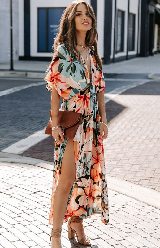 Orange Split Floral Kimono Long Dress - ElegantAlpha®