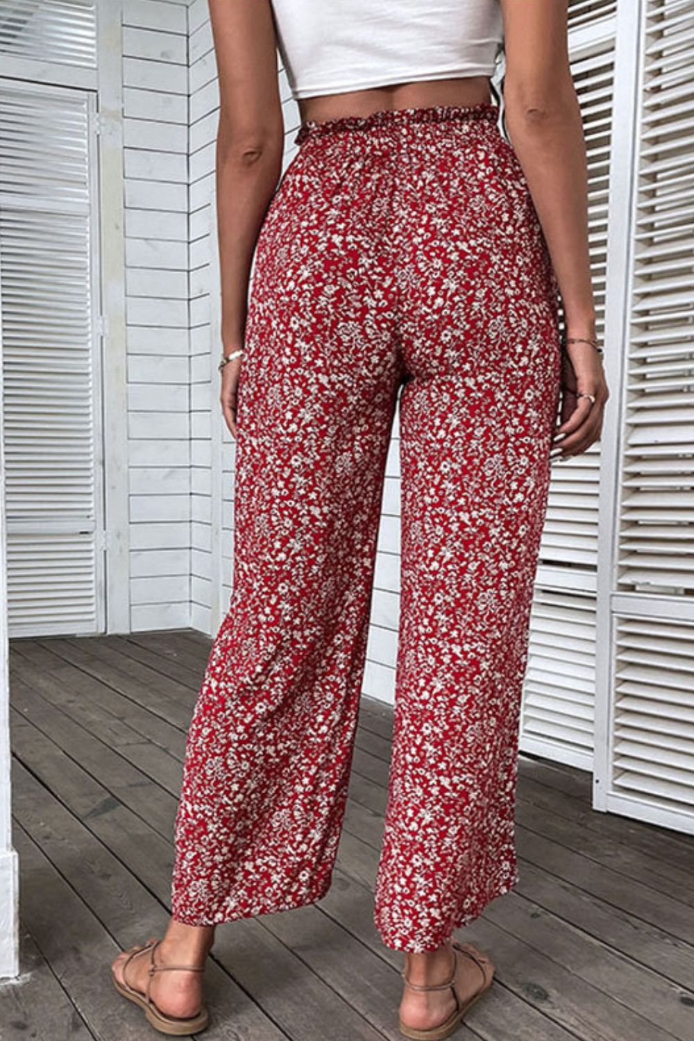 Ditsy Floral Slit Paperbag Waist Wide Leg Pants - ElegantAlpha®