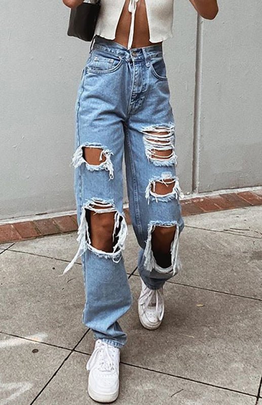 Ladies Ripped Wash Style Denim Trousers - ElegantAlpha®