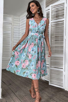 Floral Tie-Waist Sleeveless Pleated Midi Dress - ElegantAlpha®