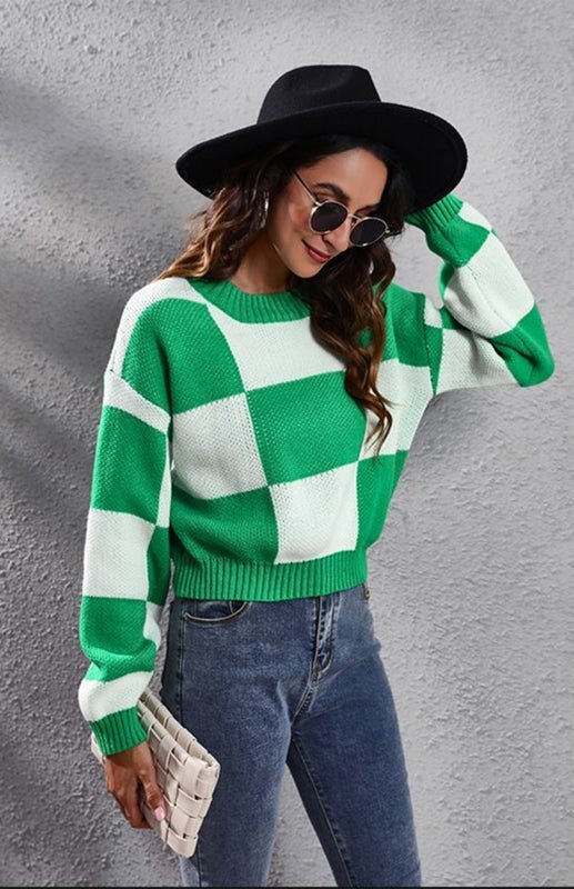 Checkerboard Loose Knit Sweater - ElegantAlpha