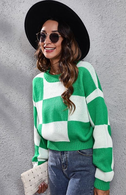 Checkerboard Loose Knit Sweater - ElegantAlpha