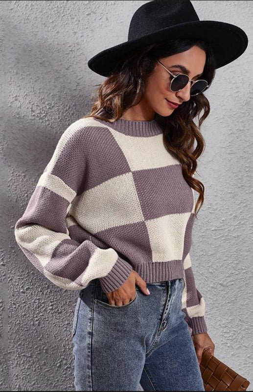 Checkerboard Loose Knit Sweater - ElegantAlpha