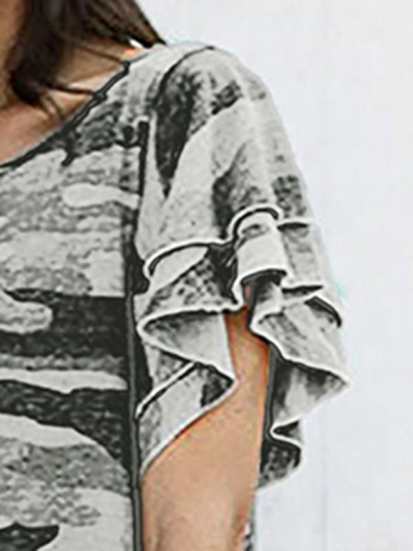 Crew Neck Camo Print Short Sleeve Loose Dress - ElegantAlpha®