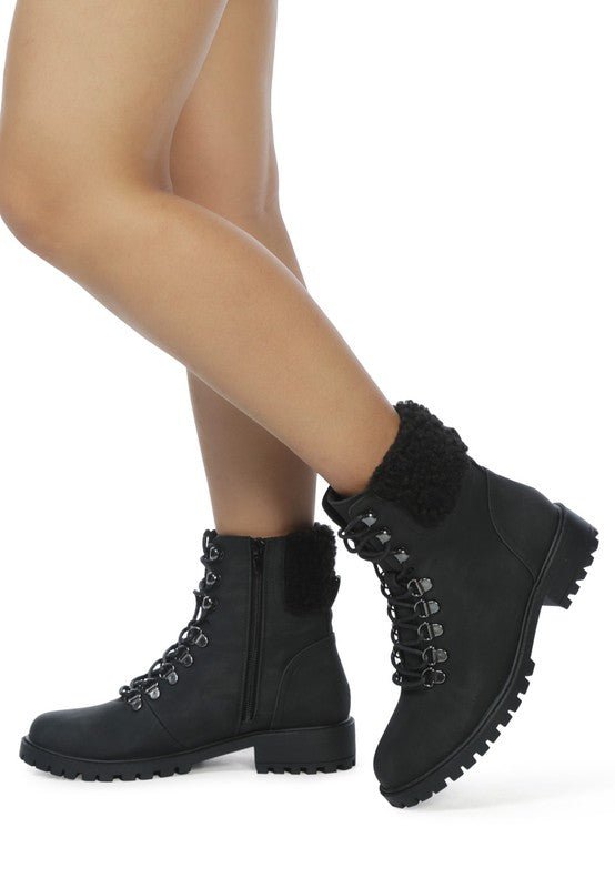 DOLON LACE-UP FUR COLLARED ANKLE BOOT - ElegantAlpha®