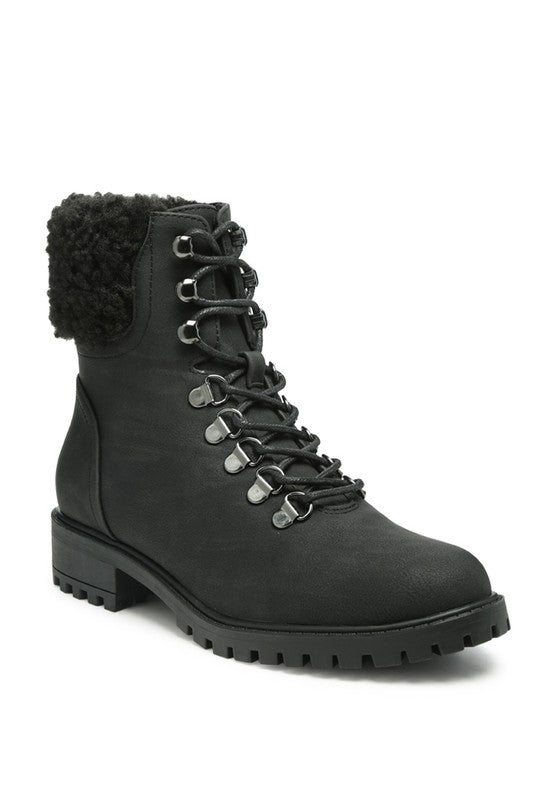 DOLON LACE-UP FUR COLLARED ANKLE BOOT - ElegantAlpha®