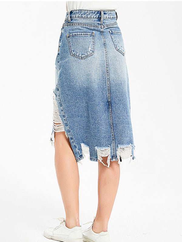 Irregular fringed ripped butt-lifting denim midi skirt - ElegantAlpha®