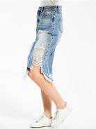 Irregular fringed ripped butt-lifting denim midi skirt - ElegantAlpha®