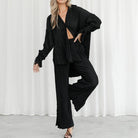 Long Sleeve Cardigan Shirt Slit Top Trousers Two-Piece Set - ElegantAlpha®