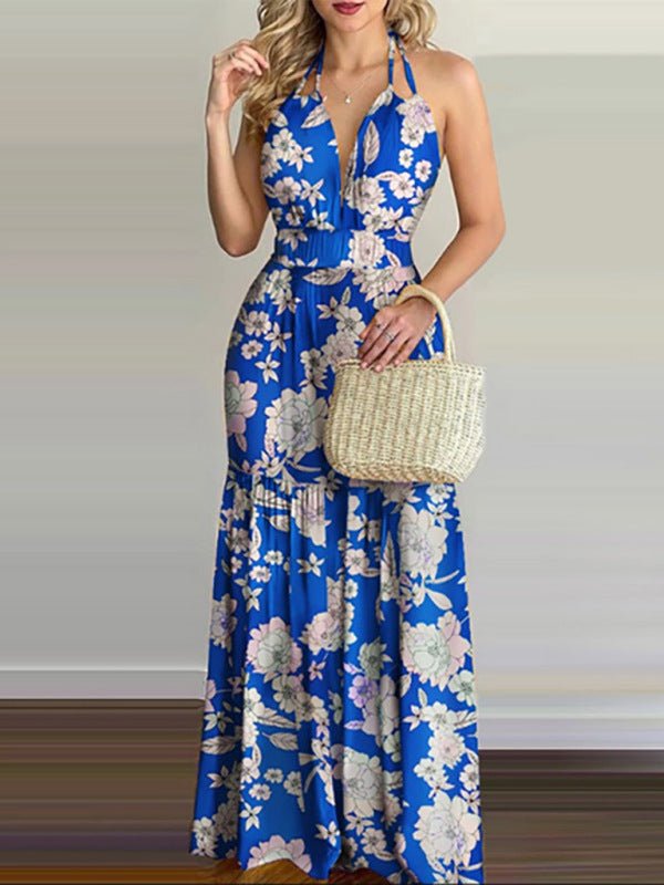 Halterneck Tie V-neck Floral Print Open-back Maxi Dress - ElegantAlpha®