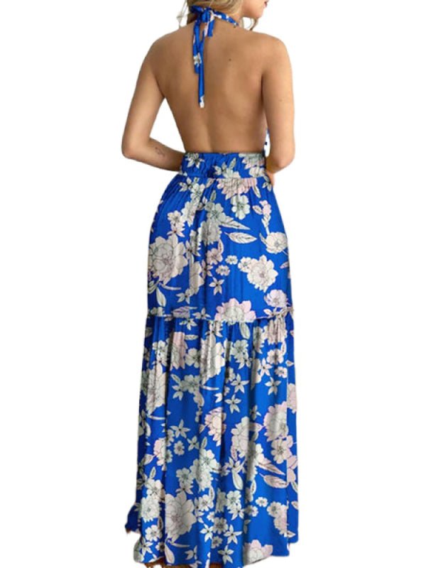 Halterneck Tie V-neck Floral Print Open-back Maxi Dress - ElegantAlpha®