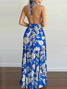 Halterneck Tie V-neck Floral Print Open-back Maxi Dress - ElegantAlpha®