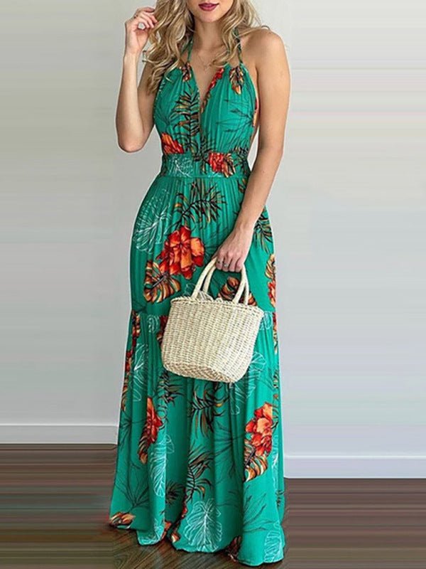 Halterneck Tie V-neck Floral Print Open-back Maxi Dress - ElegantAlpha®