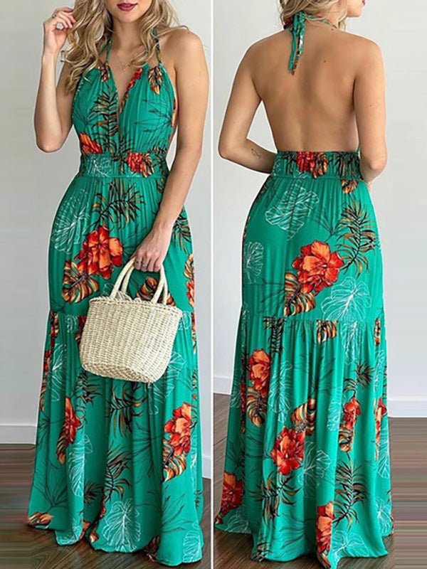 Halterneck Tie V-neck Floral Print Open-back Maxi Dress - ElegantAlpha®