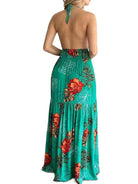 Halterneck Tie V-neck Floral Print Open-back Maxi Dress - ElegantAlpha®