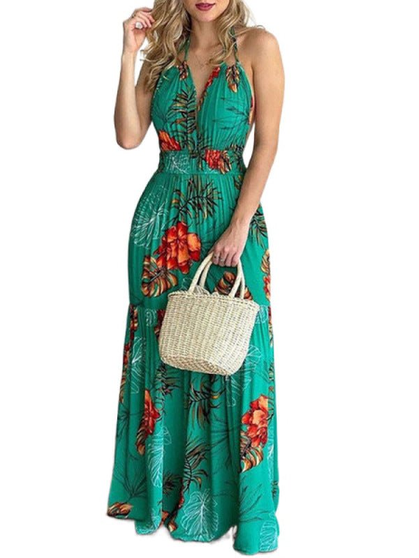 Halterneck Tie V-neck Floral Print Open-back Maxi Dress - ElegantAlpha®