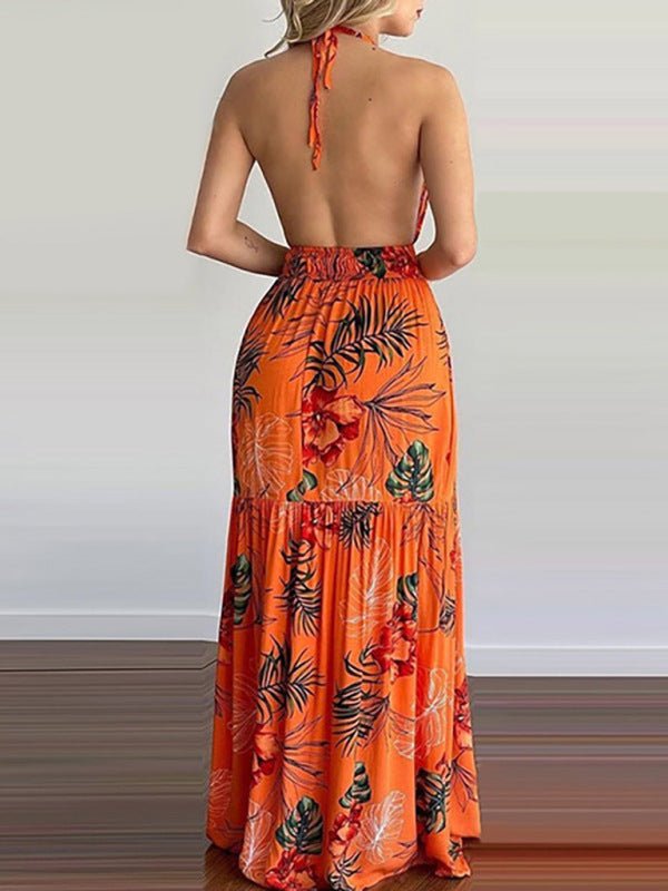 Halterneck Tie V-neck Floral Print Open-back Maxi Dress - ElegantAlpha®