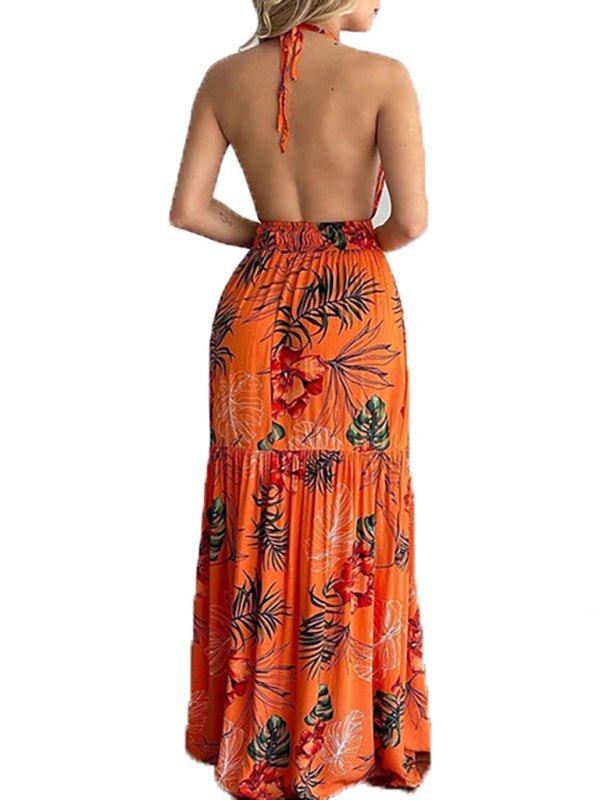 Halterneck Tie V-neck Floral Print Open-back Maxi Dress - ElegantAlpha®