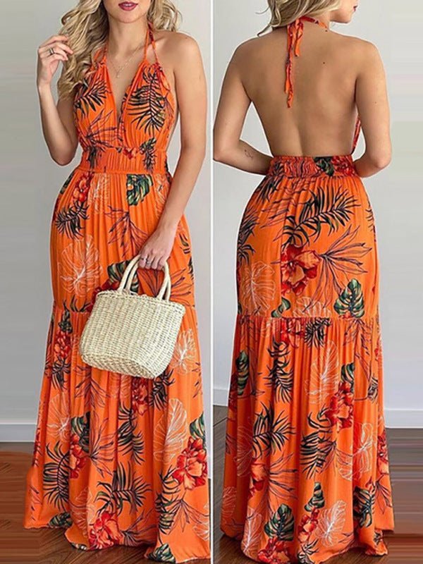 Halterneck Tie V-neck Floral Print Open-back Maxi Dress - ElegantAlpha®