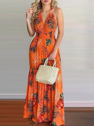 Halterneck Tie V-neck Floral Print Open-back Maxi Dress - ElegantAlpha®