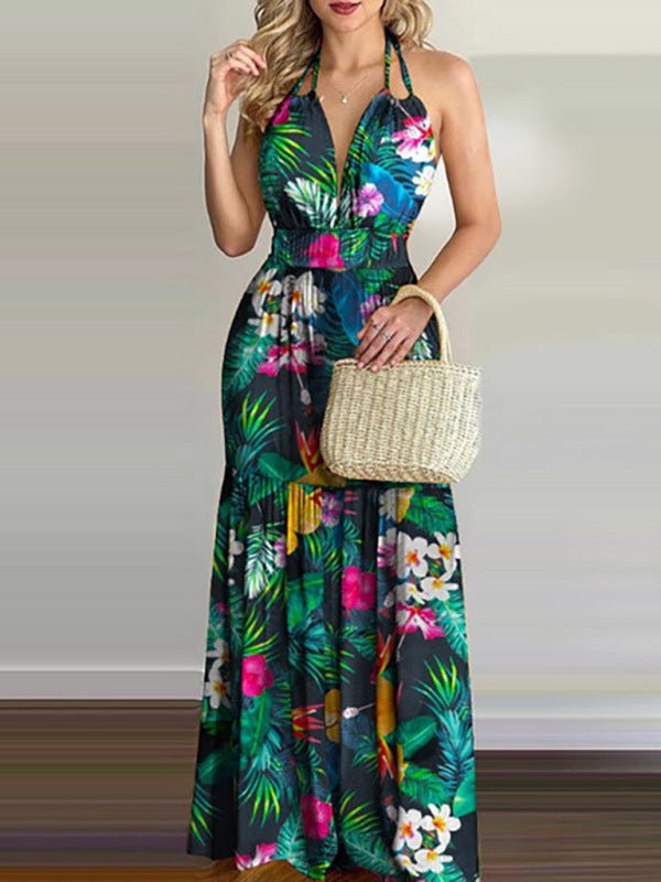 Halterneck Tie V-neck Floral Print Open-back Maxi Dress - ElegantAlpha®