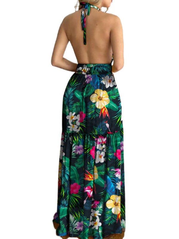 Halterneck Tie V-neck Floral Print Open-back Maxi Dress - ElegantAlpha®