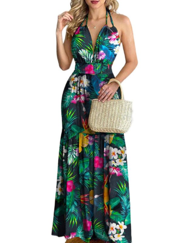 Halterneck Tie V-neck Floral Print Open-back Maxi Dress - ElegantAlpha®