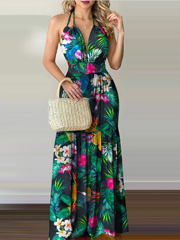 Halterneck Tie V-neck Floral Print Open-back Maxi Dress - ElegantAlpha®