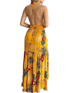 Halterneck Tie V-neck Floral Print Open-back Maxi Dress - ElegantAlpha®