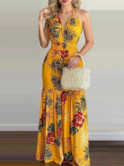 Halterneck Tie V-neck Floral Print Open-back Maxi Dress - ElegantAlpha®