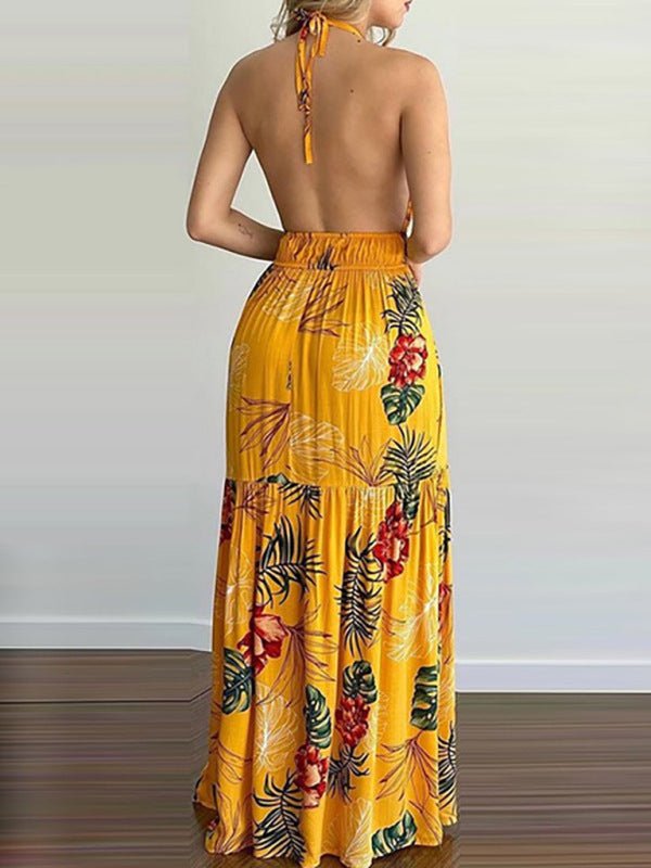 Halterneck Tie V-neck Floral Print Open-back Maxi Dress - ElegantAlpha®