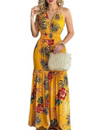 Halterneck Tie V-neck Floral Print Open-back Maxi Dress - ElegantAlpha®