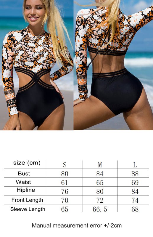 Long Sleeve Printed Cutout Swimsuit - ElegantAlpha®