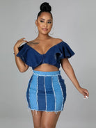 High Waist Patchwork Pleated Denim Skirt - ElegantAlpha®