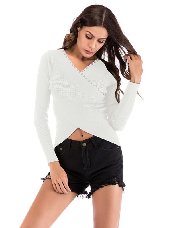 Bead knitted navel-less V-neck tight sweater - ElegantAlpha®