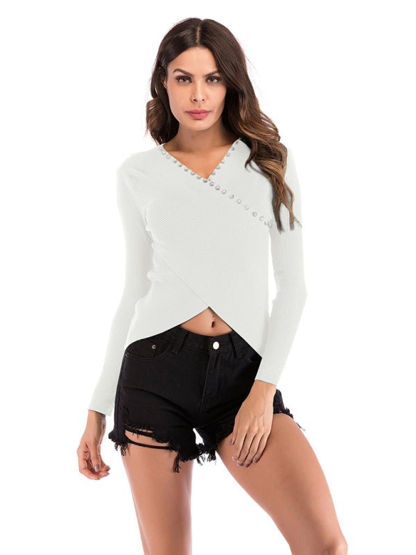 Bead knitted navel-less V-neck tight sweater - ElegantAlpha®