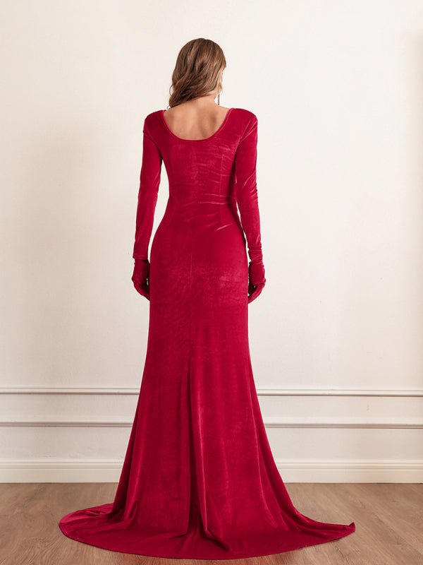 Long Sleeve Velvet Wrap Maxi Dress With Sweetheart Neckline - ElegantAlpha®