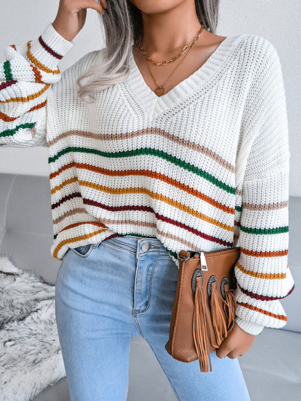 Rainbow Stripe casual loose sweater - ElegantAlpha®