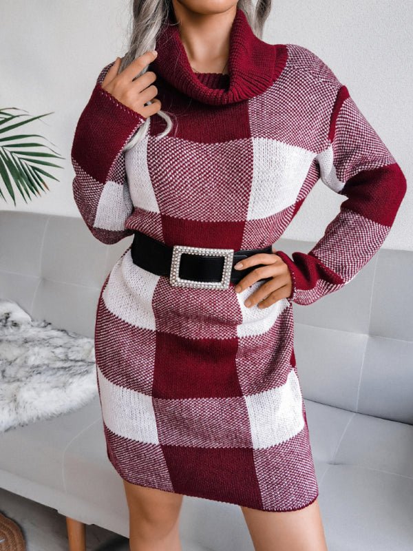 Casual Plaid high collar wool dress knitted dress - ElegantAlpha®