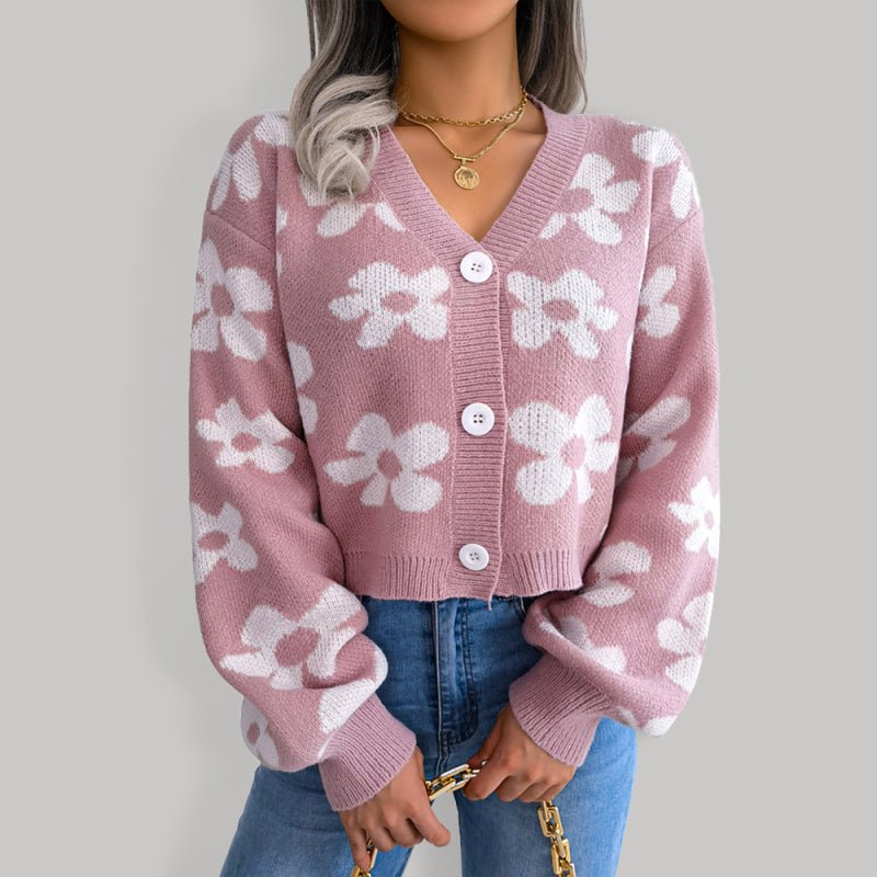 Flower lantern sleeve cardigan sweater - ElegantAlpha®