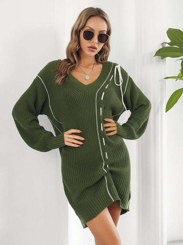 Dropped Sleeves Drawstring V-Neck Sweater Dress - ElegantAlpha®