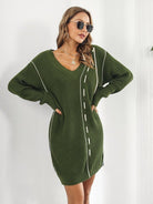 Dropped Sleeves Drawstring V-Neck Sweater Dress - ElegantAlpha®