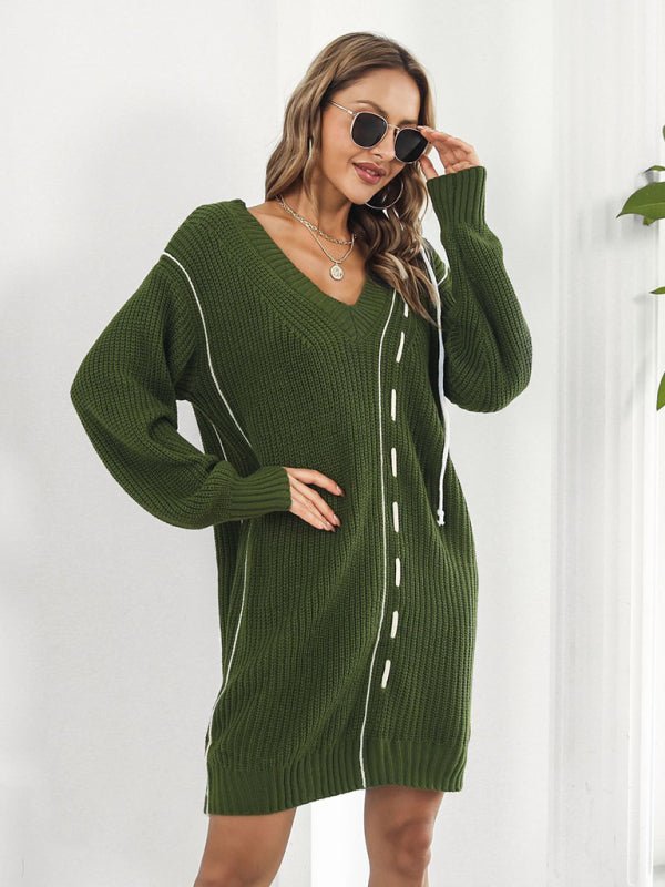 Dropped Sleeves Drawstring V-Neck Sweater Dress - ElegantAlpha®