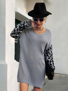 Loose Relax Leopard Sleeve Print Sweater Dress - ElegantAlpha®