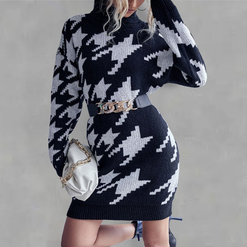 Loose Fit Retro Print Sweater Dress With High Collar - ElegantAlpha®